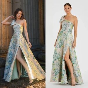 Mac Duggal One-Shoulder Floral Gown in Pastel Green and Pink